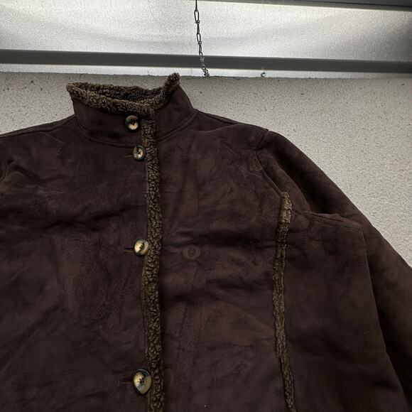 LL Bean BCT4 Faux Shearling Sherpa Long Coat Womens Large Brown Button - Picture 9 of 10